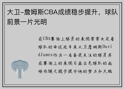 大卫-詹姆斯CBA成绩稳步提升，球队前景一片光明